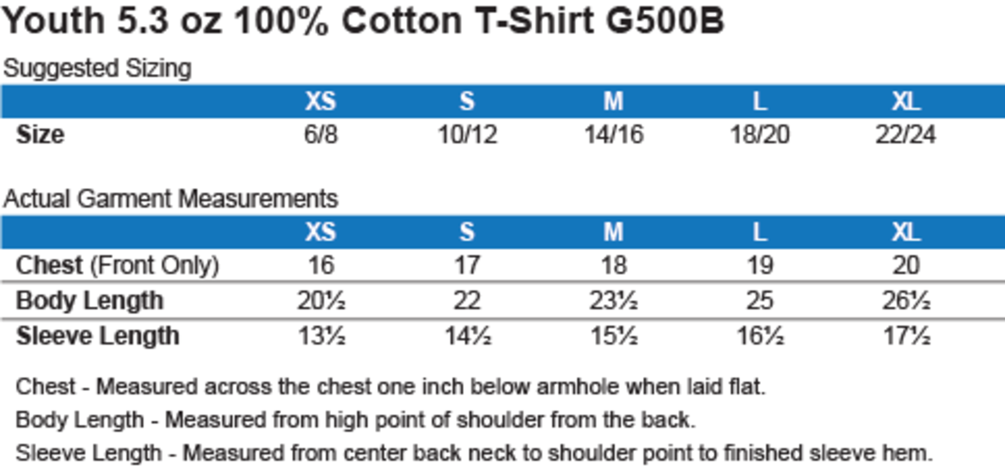 G500B Size Chart 2 Versions Included Youth Heavy Cotton 