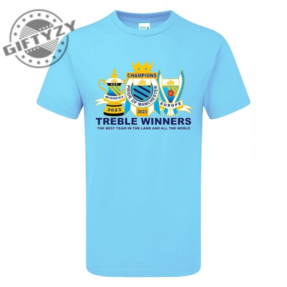 Manchester City Trophies 2023 Champions Winners Treble Tee Hoodie Sweatshirt