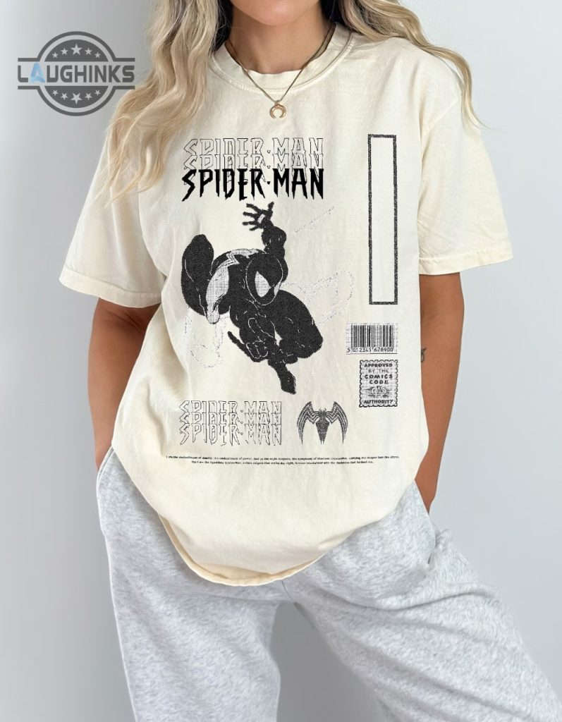 black suit spidey comfort colors t shirt retro superhero shirt comic book shirt marvel lover gift 90s vintage spiderman t shirt laughinks.com 1