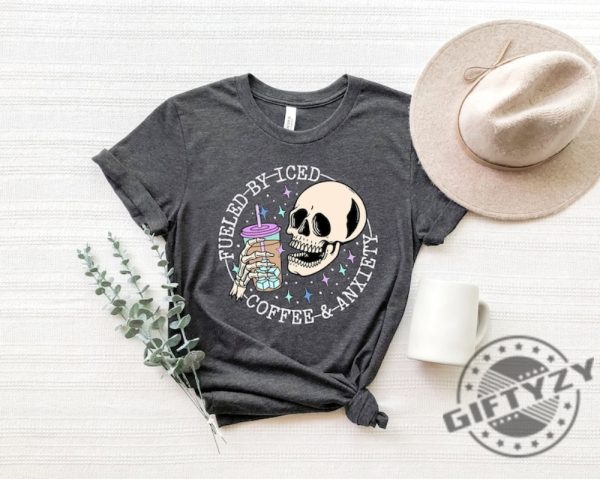Skull Skeleton Fueled By Iced Coffee And Anxiety Create And Caffeinate Vintage Shirt giftyzy.com 6