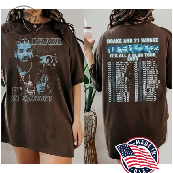 Rapper Drake 21 Savage 2 Sided All A Blur Tour 2023 Concert Vintage Shirt giftyzy.com 1