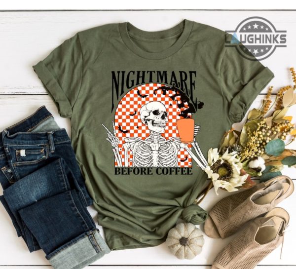 nightmare before coffee funny halloween shirt for mens womens halloween shirt kids skeleton halloweent shirt funny coffee t shirt laughinks.com 3