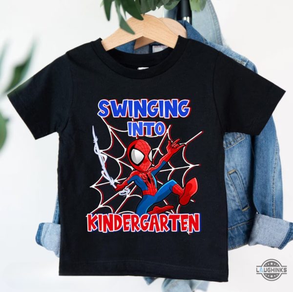 personalized spiderman t shirt for kids swinging into kindergarten 1st grade 2nd grade back to school shirts ideas 2023 spiderman t shirt mens womens laughinks.com 1