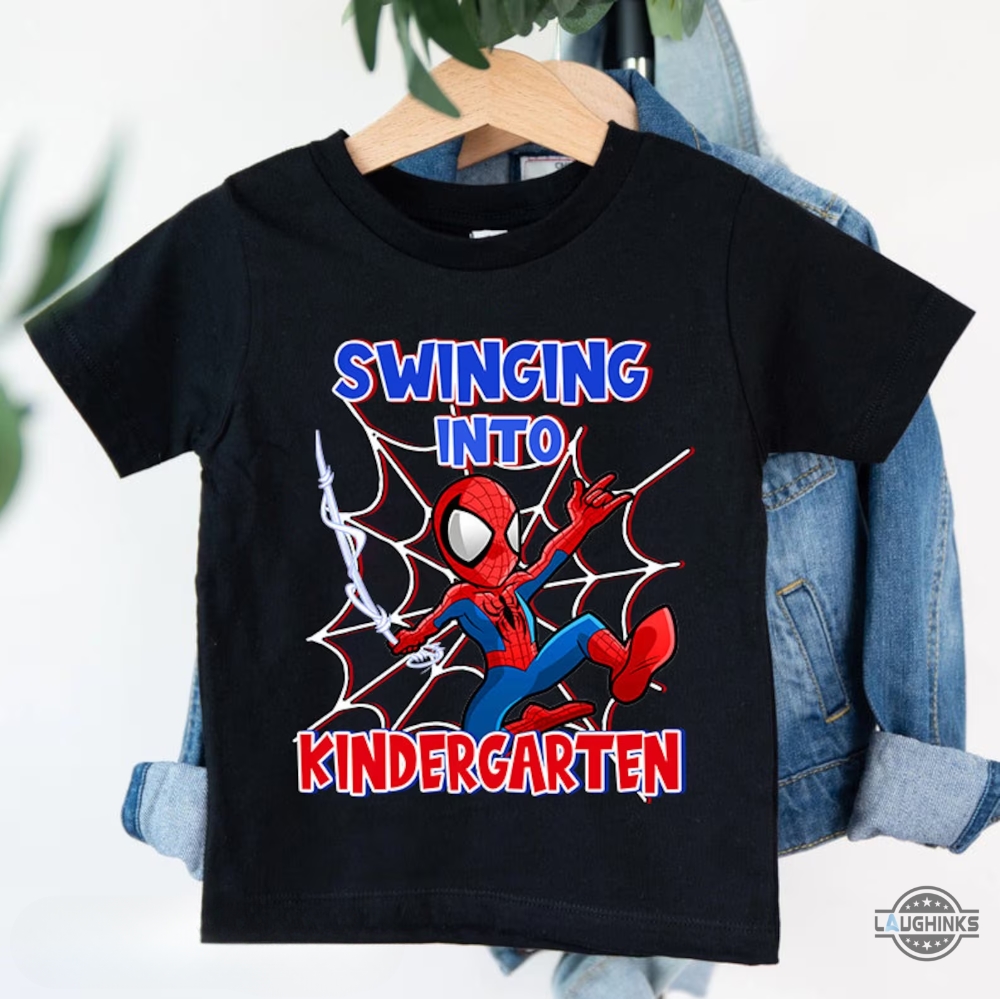 Personalized Spiderman T Shirt For Kids Swinging Into Kindergarten 1St Grade 2Nd Grade Back To School Shirts Ideas 2023 Spiderman T Shirt Mens Womens