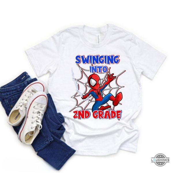 personalized spiderman t shirt for kids swinging into kindergarten 1st grade 2nd grade back to school shirts ideas 2023 spiderman t shirt mens womens laughinks.com 2
