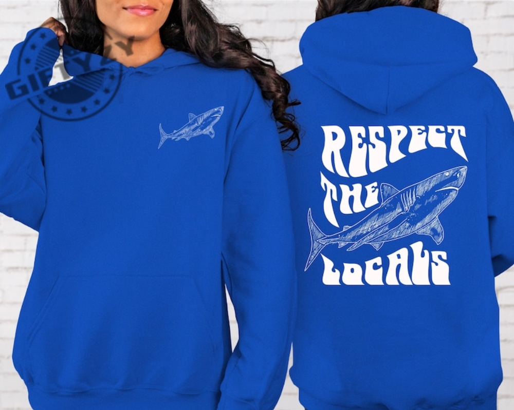 Respect The Locals Hoodie With Front And Back Surfing Save The Shark Red Cross Shark Week Shirt