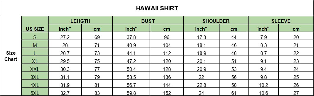 hawaiian shirt size chart new