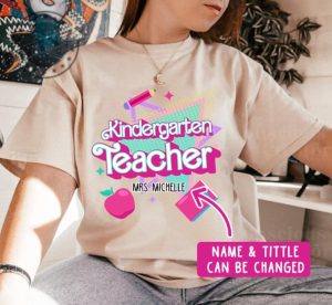 Custom Name Kindergarten Teacher Shirt Pink Colorful Teacher Shirt Back To School Shirt Gift For Teachers Barbie Barbenheimmer Shirt giftyzy.com 3