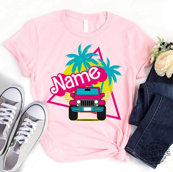 Retro Pink Barbie Shirt Custom Name Malibu Beach Vacation Shirt Barbie Jeep Downhill Racing Jeep Renegade Barbie Jeep For Adults Downhill Barbie Jeep Racing Barbie Movie 2023 New revetee.com 1