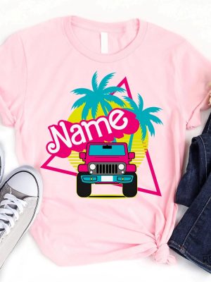 Retro Pink Barbie Shirt Custom Name Malibu Beach Vacation Shirt Barbie Jeep Downhill Racing Jeep Renegade Barbie Jeep For Adults Downhill Barbie Jeep Racing Barbie Movie 2023 New revetee.com 2