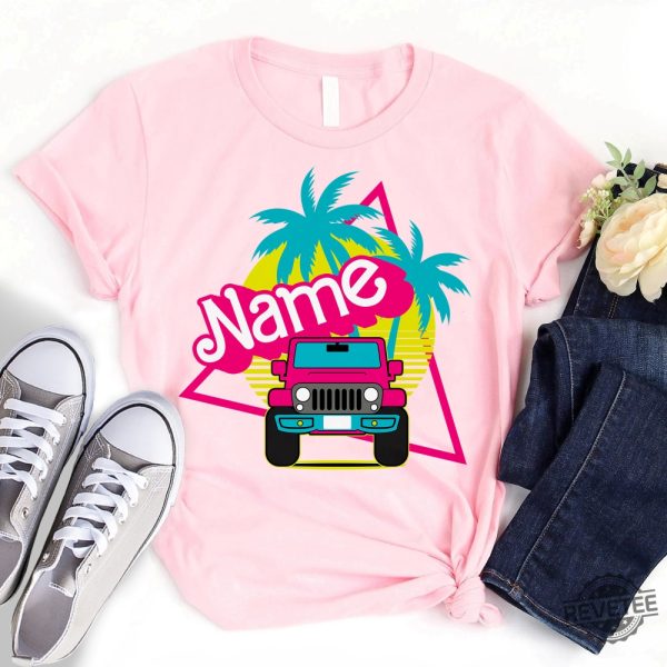 Retro Pink Barbie Shirt Custom Name Malibu Beach Vacation Shirt Barbie Jeep Downhill Racing Jeep Renegade Barbie Jeep For Adults Downhill Barbie Jeep Racing Barbie Movie 2023 New revetee.com 2