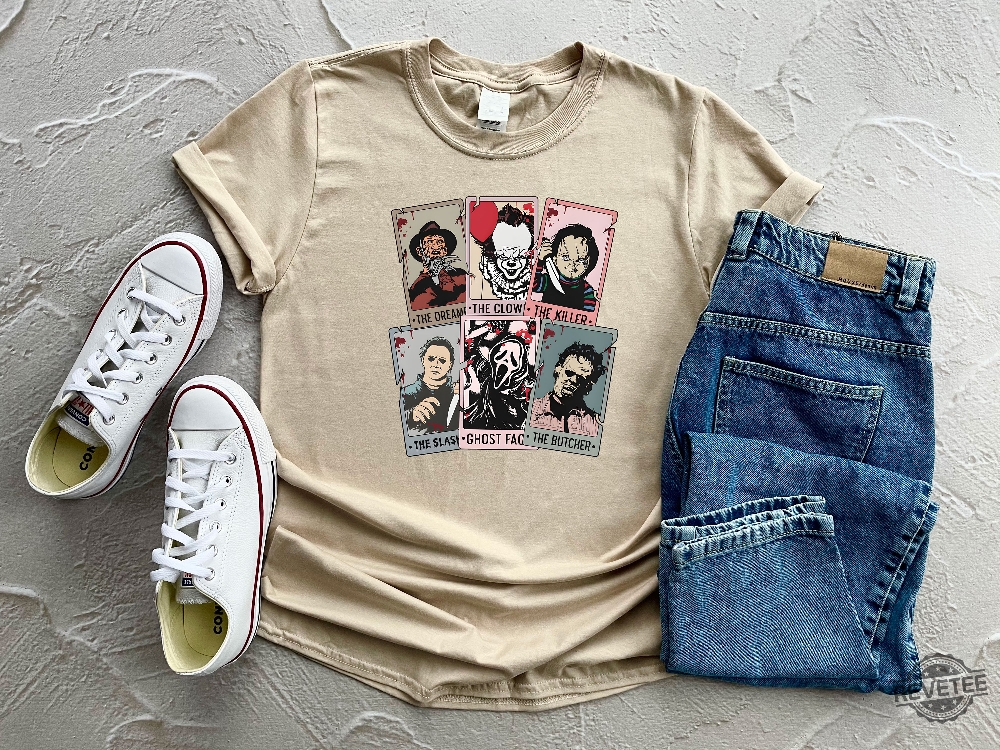 Vintage Horror Characters Tarot Card Shirt Halloween Tarot Card Horror Friends Shirt Halloween Killers Shirt Halloween Sweatshirts Horror Movies 2023 Movie Monsters Spooky Season Shirt revetee.com 4