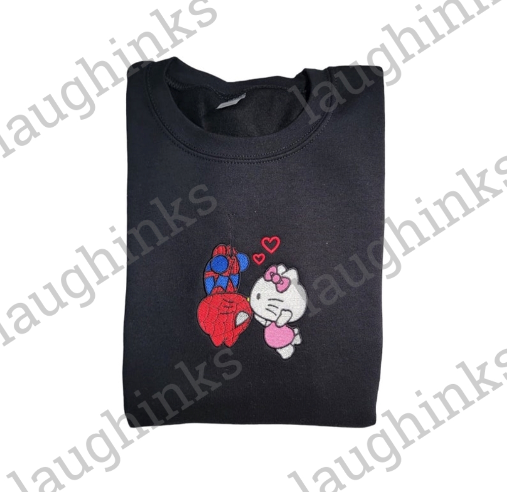 Spiderman And Hello Kitty Kissing Embroidered Shirts Hello Kitty Halloween Shirt Spider Man Hello Kitty Embroidered Sweatshirt Hello Kitty Spiderman Hoodie