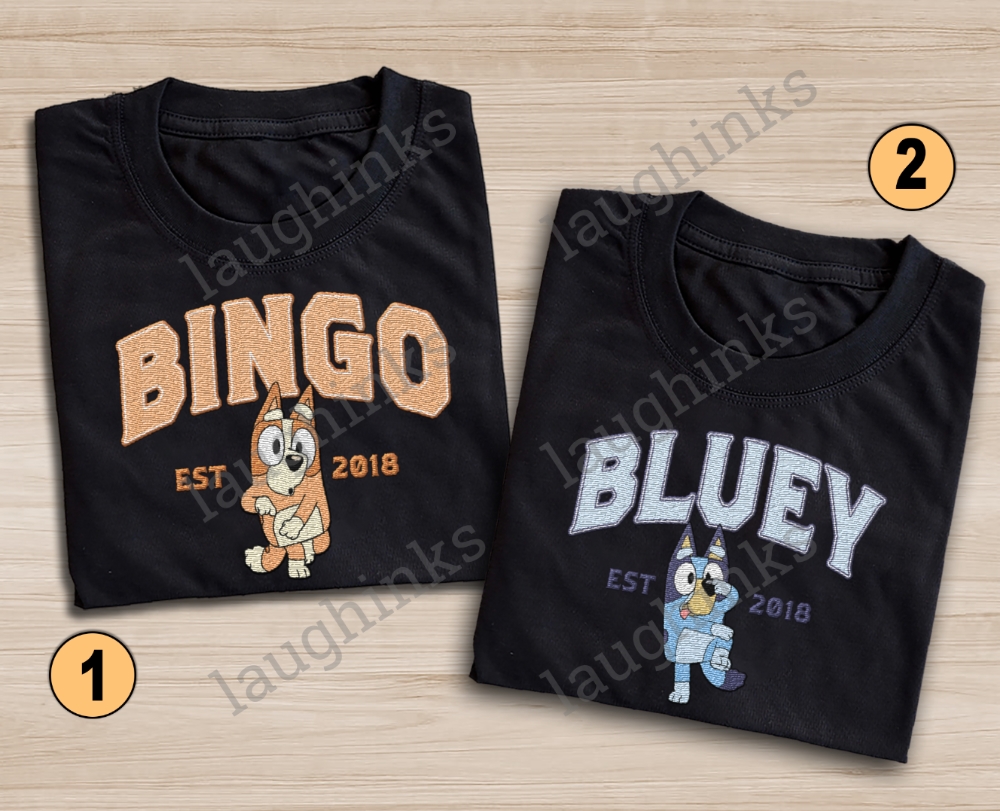 Bluey Sweatshirt Embroidered Bluey Tshirt Bluey And Bingo Costumes For Adults Bluey Halloween Costume Bluey Mens Shirt Womens Embroidered Shirts Near Me