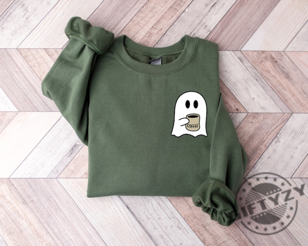 Spooky Coffee Sweatshirt Womens Cute Ghost Shirt Spooky Season Sweater Fall Coffee Lover Hoodie Halloween Party Tshirt Fall Graphic Sweater