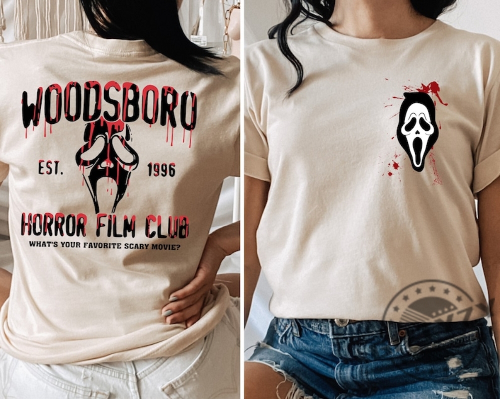 Woodsboro Horror Film Club 2 Sided Shirt Horror Film Club Tshirt Woodsboro Scream Hoodie Scream Ghost Sweatshirt Bloody And Gruesome Face Sweater Halloween 2023 giftyzy.com 1