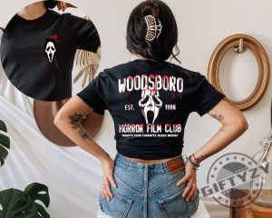 Woodsboro Horror Film Club 2 Sided Shirt Horror Film Club Tshirt Woodsboro Scream Hoodie Scream Ghost Sweatshirt Bloody And Gruesome Face Sweater Halloween 2023 giftyzy.com 2