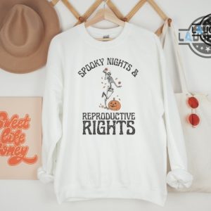 spooky nights and reproductive rights tshirt sweatshirt hoodie abortion roe v wade overturned shirts dancing skeleton and pumpkin social justice feminism 1973 laughinks 4 1