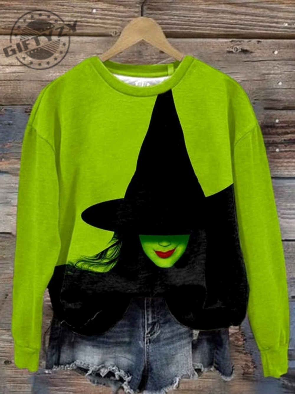 Halloween Witch Print Round Neck Shirt Womens Witch Print Sweatshirt Green Witch Tshirt Witchy Halloween Hoodie Salem Witch Shirt