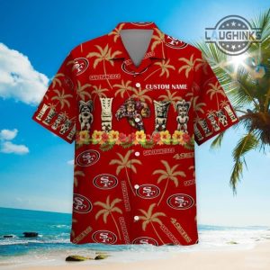 49ers hawaiian shirt mens personalized san francisco 49ers shirts custom name sf floral coconut palm tree aloha shirt and shorts gift for football fan laughinks 1
