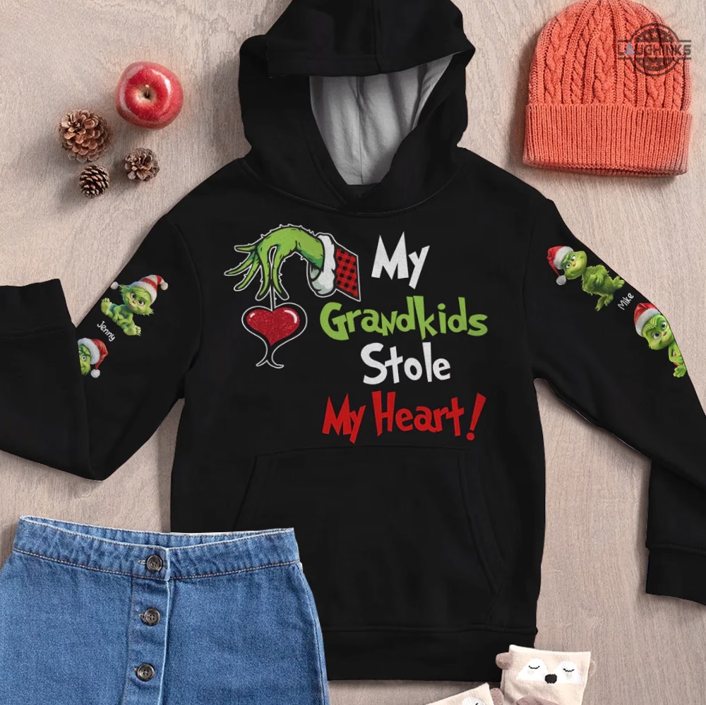 Grinch Hoodie Tshirt Sweatshirt All Over Printed Personalized Green Monster Kids On Sleeves Shirts My Grandkids Stole My Heart Christmas Custom Gift For Family