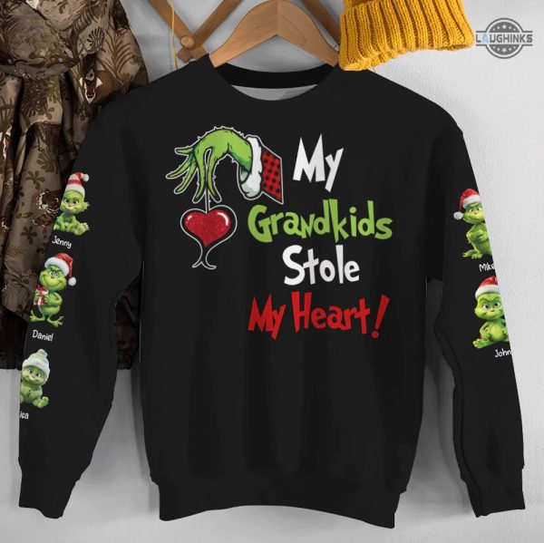 grinch hoodie tshirt sweatshirt all over printed personalized green monster kids on sleeves shirts my grandkids stole my heart christmas custom gift for family laughinks 2