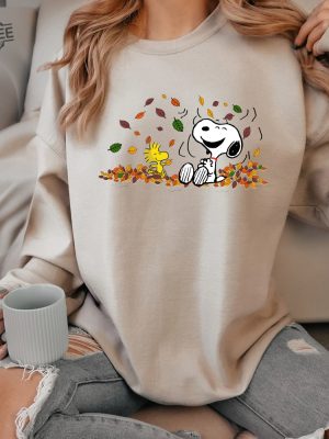 Fall Snoopy Sweatshirt Snoopy With Woodstock Autumn Leaves Pumpkin Sweatshirt Snoopy Grippy Plush Snoopy First Day Of Fall Snoopy Dancing Images Happy Fall Snoopy revetee 4