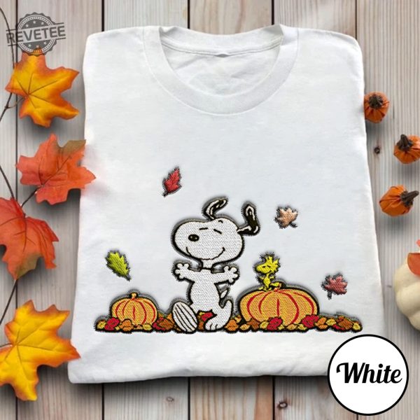 Cute Happy Autumn Snoopy Embroidered Sweatshirt Snoopy Pumpkin Embroidered Hoodie Snoopy Happy October Shirt Snoopy Pumpkin Carving Goodbye September Hello October revetee 1