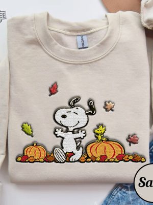 Cute Happy Autumn Snoopy Embroidered Sweatshirt Snoopy Pumpkin Embroidered Hoodie Snoopy Happy October Shirt Snoopy Pumpkin Carving Goodbye September Hello October revetee 2