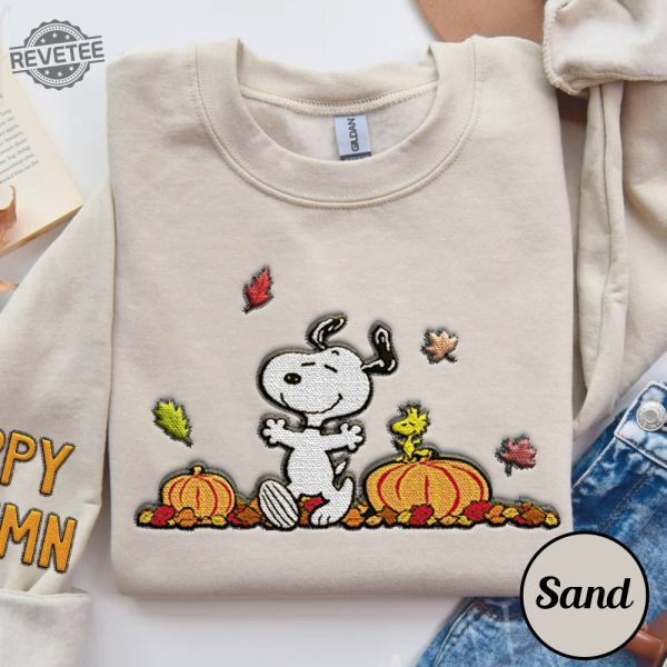 Cute Happy Autumn Snoopy Embroidered Sweatshirt Snoopy Pumpkin Embroidered Hoodie Snoopy Happy October Shirt Snoopy Pumpkin Carving Goodbye September Hello October revetee 2