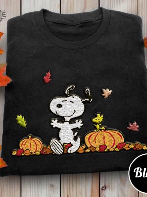 Cute Happy Autumn Snoopy Embroidered Sweatshirt Snoopy Pumpkin Embroidered Hoodie Snoopy Happy October Shirt Snoopy Pumpkin Carving Goodbye September Hello October revetee 3