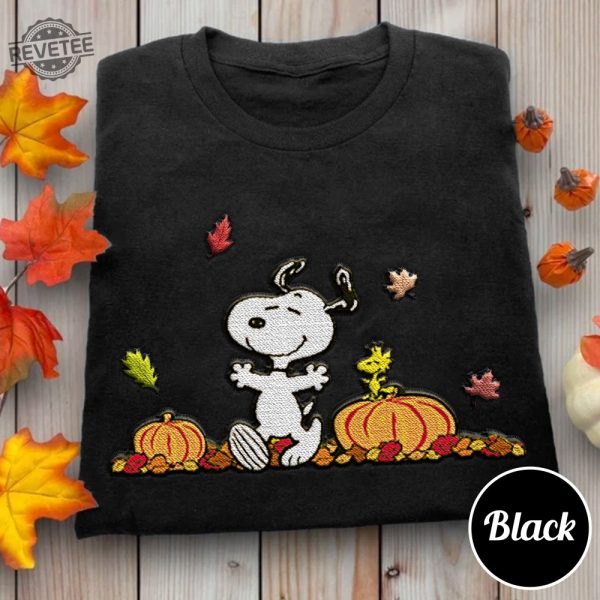 Cute Happy Autumn Snoopy Embroidered Sweatshirt Snoopy Pumpkin Embroidered Hoodie Snoopy Happy October Shirt Snoopy Pumpkin Carving Goodbye September Hello October revetee 3