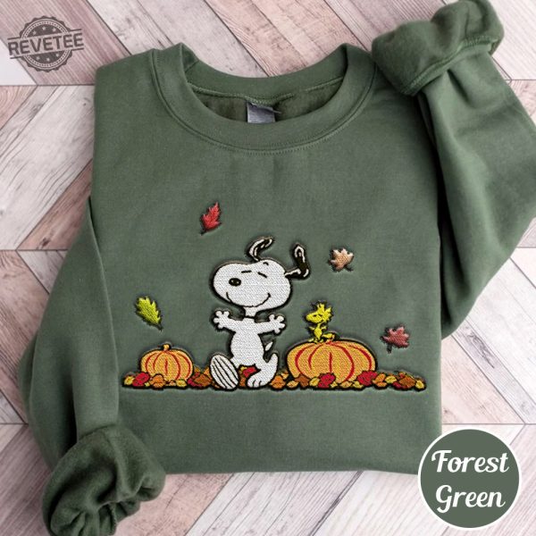 Cute Happy Autumn Snoopy Embroidered Sweatshirt Snoopy Pumpkin Embroidered Hoodie Snoopy Happy October Shirt Snoopy Pumpkin Carving Goodbye September Hello October revetee 4