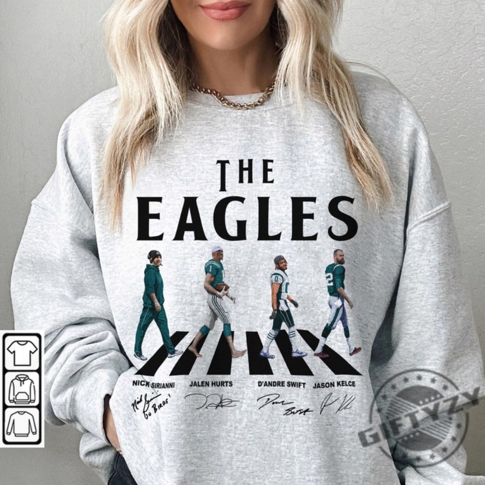 Eagles Walking Abbey Road Signatures Football Shirt Nick Sirianni Hoodie Jalen Hurts Sweatshirt Dandre Swift Tshirt Jason Kelce Sweater Philadelphia Vintage Shirt