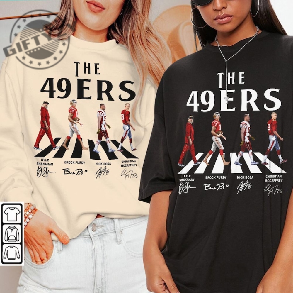 49ers Walking Abbey Road Signatures Shirt Kyle Shanahan Brock Purdy Nick  Bosa Christian McCaffrey Francisco Vintage Shirt, hoodie, sweater, long  sleeve and tank top