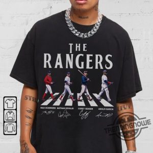 Texas Rangers Shirt Rangers Walking Abbey Road Signatures Shirt Max  Scherzer Corey Seager Adolis García Nathan Eovaldi - Trendingnowe