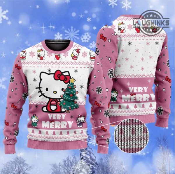 hello kitty ugly christmas sweater all over printed sanrio hello kitty very merry artificial wool sweatshirt faux knitted christmas halloween pink hello kitty costume laughinks 1