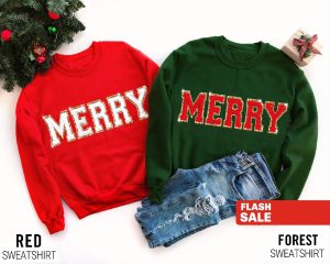 Chenille Patch Christmas Sweatshirt Christmas Shirts Merry Christmas Crewneck Cute Winter Sweater Unique revetee 5