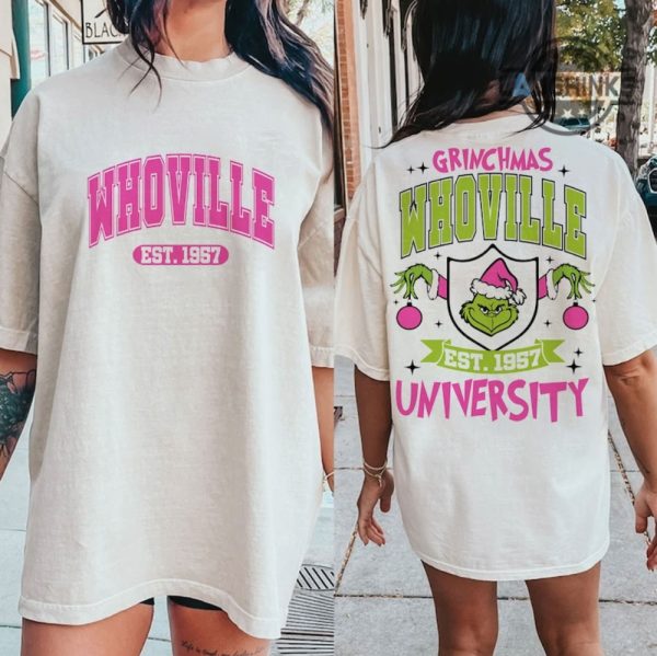 whoville shirt sweatshirt hoodie sweater mens womens est 1957 whoville university grinchmas tshirt the grinch pink christmas gift shirts laughinks 1
