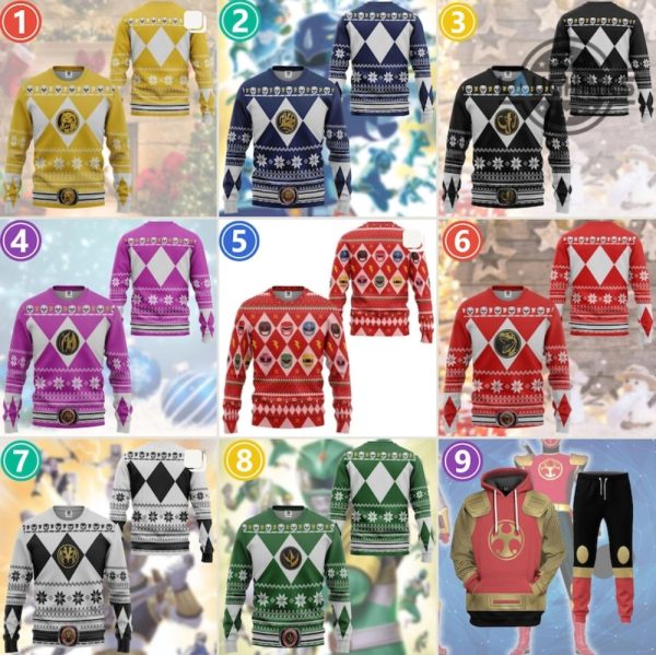 power rangers ugly christmas sweater all over printed mighty morphin mmpr cosplay artificial wool sweatshirt red green blue pink ranger yellow fighter rash guard laughinks 1