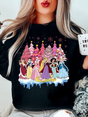 Pink Disney Princess Christmas Sweatshirt Disney Princess Christmas Tree Girl Trip Shirt Princess Birthday Girl Party Outfit Disney Shirt revetee 3