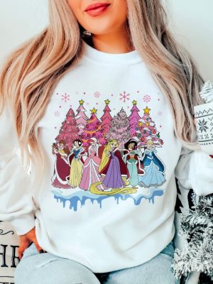 Pink Disney Princess Christmas Sweatshirt Disney Princess Christmas Tree Girl Trip Shirt Princess Birthday Girl Party Outfit Disney Shirt revetee 4