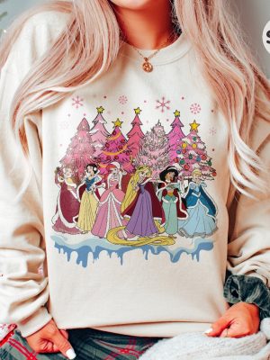 Pink Disney Princess Christmas Sweatshirt Disney Princess Christmas Tree Girl Trip Shirt Princess Birthday Girl Party Outfit Disney Shirt revetee 5