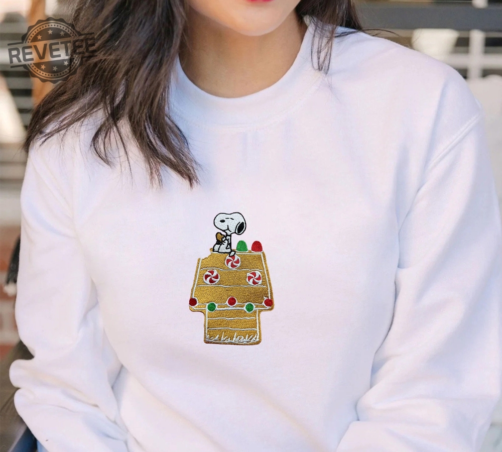 Embroidered Gingerbread House Crewneck Unisex Sweatshirt Embroidery Peanuts Inspired Snoopy Sweater Peanuts Sweater Funny Christmas Gift