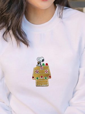 Embroidered Gingerbread House Crewneck Unisex Sweatshirt Embroidery Peanuts Inspired Snoopy Sweater Peanuts Sweater Funny Christmas Gift revetee 2