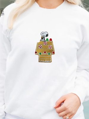 Embroidered Gingerbread House Crewneck Unisex Sweatshirt Embroidery Peanuts Inspired Snoopy Sweater Peanuts Sweater Funny Christmas Gift revetee 3