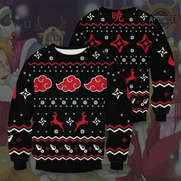 naruto christmas sweater all over printed akatsuki christmas unisex ugly xmas artififical wool sweatshirt vintage gift for mens womens itachi uchiha shirts laughinks 1