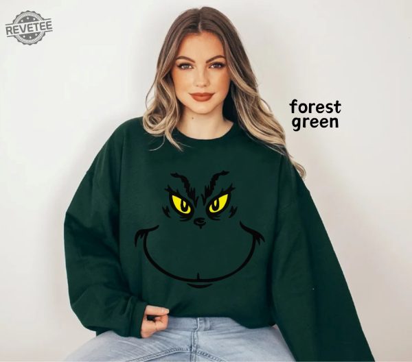 Grinch Face Sweatshirt Christmas Shirt Dr Seuss Outfit Christmas Gifts Grinchmas Graphic Tees Xmas Womens Clothing Holiday T Shirts Unique revetee 1