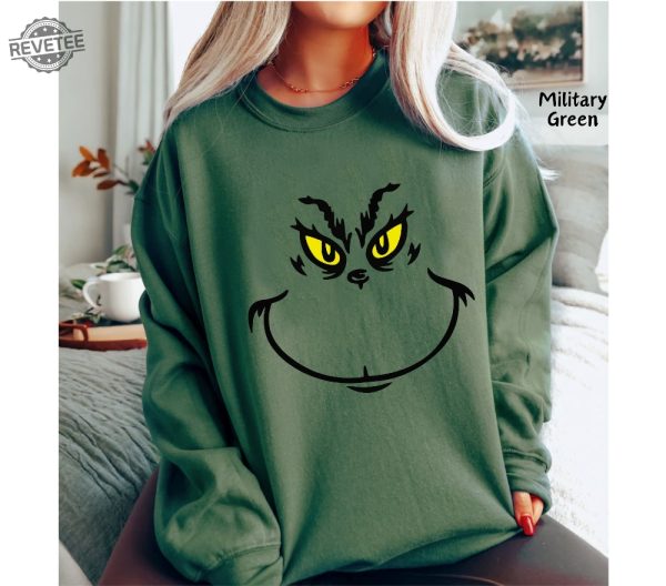 Grinch Face Sweatshirt Christmas Shirt Dr Seuss Outfit Christmas Gifts Grinchmas Graphic Tees Xmas Womens Clothing Holiday T Shirts Unique revetee 2