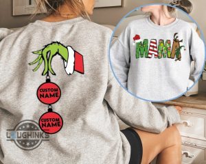 mama grinch sweatshirt tshirt hoodie mens womens personalized mama grinch hand holding ornaments christmas gift for mommy custom kids names shirts laughinks 1